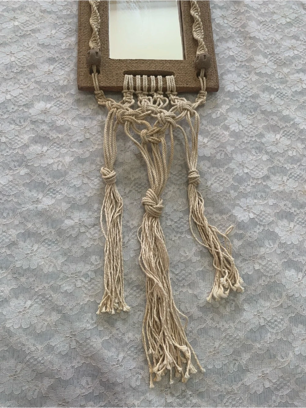 Vintage Boho Macrame Mirror Wall Hanging Textured Craft Frame & Tassels Decor